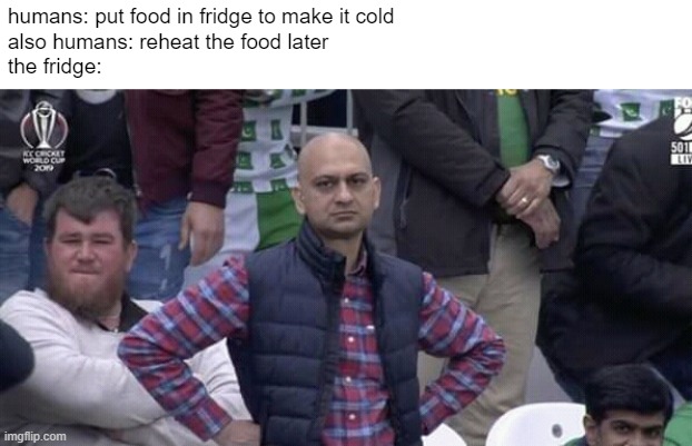 Annoyed man | humans: put food in fridge to make it cold
also humans: reheat the food later
the fridge: | image tagged in annoyed man | made w/ Imgflip meme maker