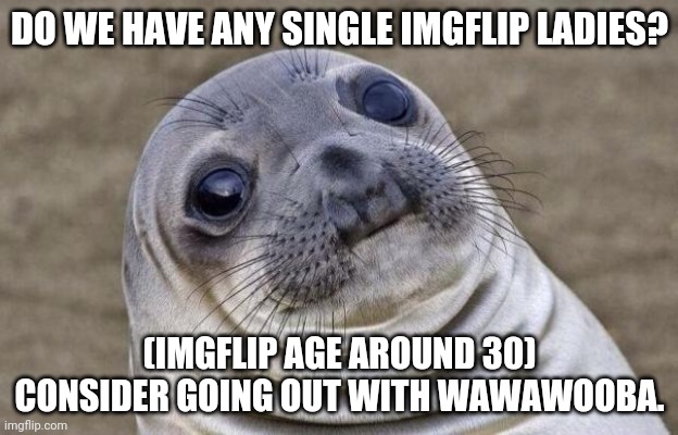 Ummmm yeah, i guess a really just asked that. | DO WE HAVE ANY SINGLE IMGFLIP LADIES? (IMGFLIP AGE AROUND 30) CONSIDER GOING OUT WITH WAWAWOOBA. | image tagged in memes,awkward moment sealion,creepy request,coolish,imgshipping | made w/ Imgflip meme maker