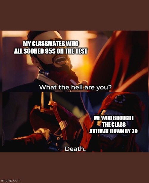 What the hell are you? Death | MY CLASSMATES WHO ALL SCORED 95S ON THE TEST; ME WHO BROUGHT THE CLASS AVERAGE DOWN BY 39 | image tagged in what the hell are you death | made w/ Imgflip meme maker