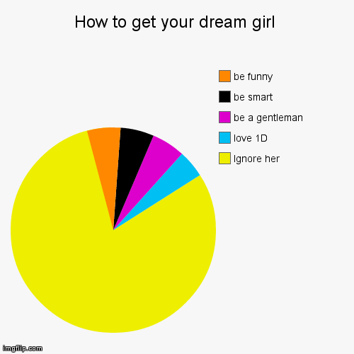 How to get your dream girl | Ignore her, love 1D, be a gentleman, be smart, be funny | image tagged in funny,pie charts | made w/ Imgflip chart maker