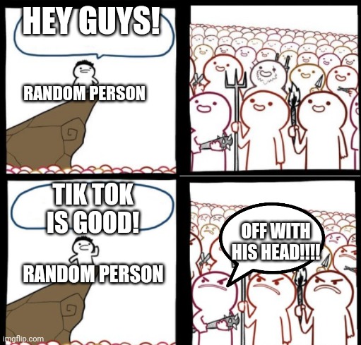 You Should NEVER Like Tik Tok (or else you have a angry army, like us, after you) | HEY GUYS! RANDOM PERSON; TIK TOK IS GOOD! OFF WITH HIS HEAD!!!! RANDOM PERSON | image tagged in reverse angry crowd | made w/ Imgflip meme maker