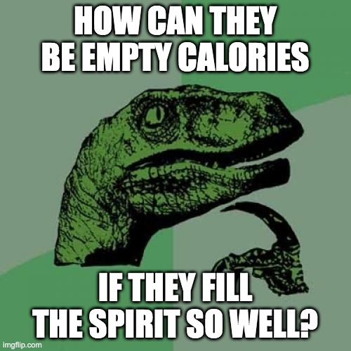 Philosoraptor Meme | HOW CAN THEY BE EMPTY CALORIES; IF THEY FILL THE SPIRIT SO WELL? | image tagged in memes,philosoraptor | made w/ Imgflip meme maker