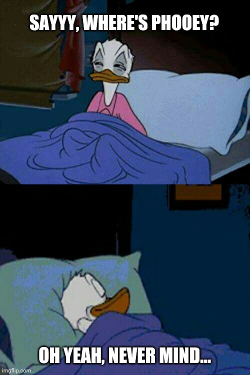 sleepy donald duck in bed | SAYYY, WHERE'S PHOOEY? OH YEAH, NEVER MIND... | image tagged in sleepy donald duck in bed | made w/ Imgflip meme maker