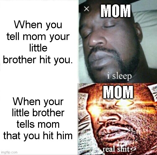 Sleeping Shaq |  MOM; When you tell mom your little brother hit you. MOM; When your little brother tells mom that you hit him | image tagged in memes,sleeping shaq,mom,little brother,annoying,fighting | made w/ Imgflip meme maker