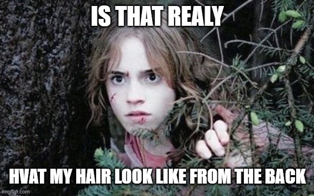 hermione granger | IS THAT REALY; HVAT MY HAIR LOOK LIKE FROM THE BACK | image tagged in emma watson | made w/ Imgflip meme maker