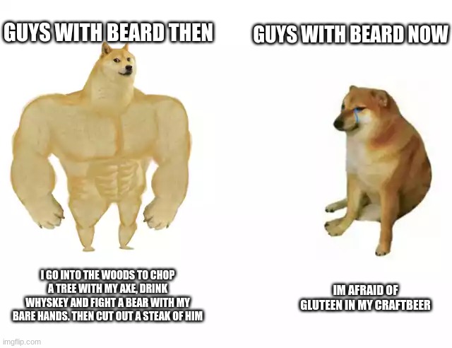 Beard | GUYS WITH BEARD NOW; GUYS WITH BEARD THEN; I GO INTO THE WOODS TO CHOP A TREE WITH MY AXE, DRINK WHYSKEY AND FIGHT A BEAR WITH MY BARE HANDS. THEN CUT OUT A STEAK OF HIM; IM AFRAID OF GLUTEEN IN MY CRAFTBEER | image tagged in buff doge vs cheems | made w/ Imgflip meme maker