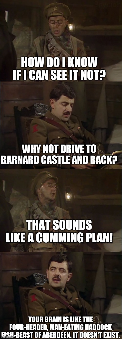 Convoluted Comparison Blackadder | HOW DO I KNOW IF I CAN SEE IT NOT? WHY NOT DRIVE TO BARNARD CASTLE AND BACK? THAT SOUNDS LIKE A CUMMING PLAN! YOUR BRAIN IS LIKE THE FOUR-HEADED, MAN-EATING HADDOCK FISH-BEAST OF ABERDEEN. IT DOESN'T EXIST. | image tagged in convoluted comparison blackadder | made w/ Imgflip meme maker