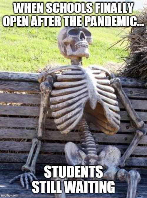 Waiting Skeleton Meme | WHEN SCHOOLS FINALLY OPEN AFTER THE PANDEMIC... STUDENTS STILL WAITING | image tagged in memes,waiting skeleton | made w/ Imgflip meme maker