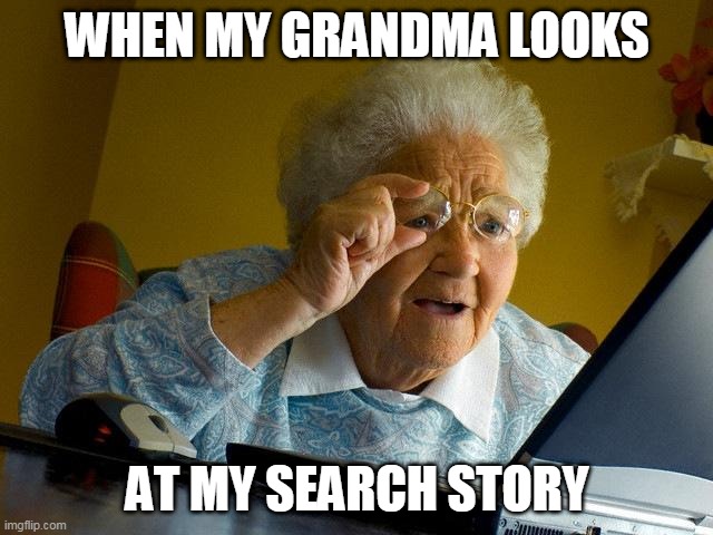 Grandma Finds The Internet |  WHEN MY GRANDMA LOOKS; AT MY SEARCH STORY | image tagged in memes,grandma finds the internet | made w/ Imgflip meme maker