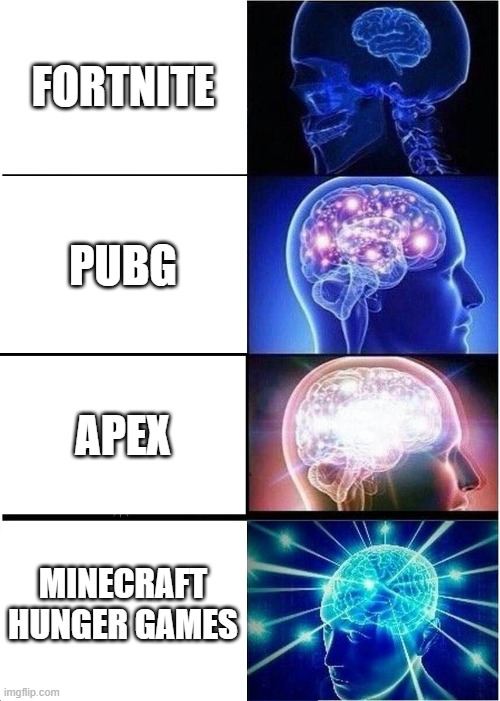 Expanding Brain | FORTNITE; PUBG; APEX; MINECRAFT HUNGER GAMES | image tagged in memes,expanding brain | made w/ Imgflip meme maker