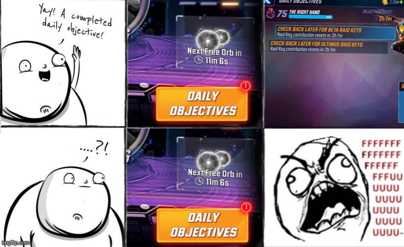 Notification Frustration | image tagged in msf,marvel strike force,notifications,frustration,objective complete | made w/ Imgflip meme maker