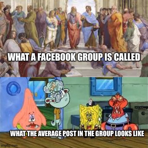 WHAT A FACEBOOK GROUP IS CALLED; WHAT THE AVERAGE POST IN THE GROUP LOOKS LIKE | image tagged in memes,facebook,group | made w/ Imgflip meme maker