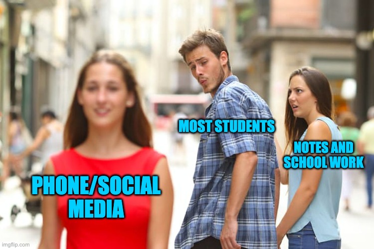 Distracted Boyfriend | MOST STUDENTS; NOTES AND SCHOOL WORK; PHONE/SOCIAL MEDIA | image tagged in memes,distracted boyfriend | made w/ Imgflip meme maker