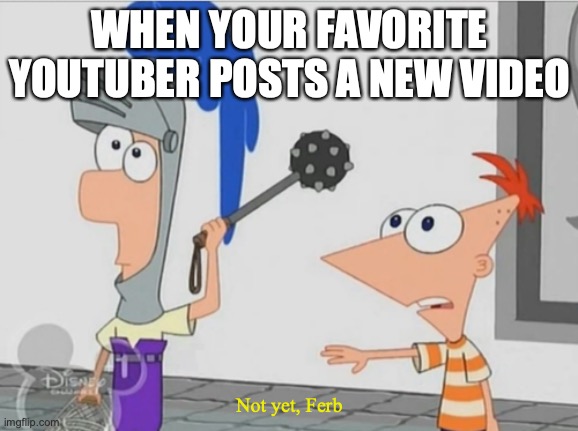 Not Yet Ferb | WHEN YOUR FAVORITE YOUTUBER POSTS A NEW VIDEO; Not yet, Ferb | image tagged in not yet ferb | made w/ Imgflip meme maker
