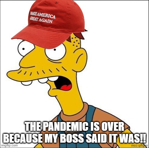 Some Kind Of MAGA Moron | THE PANDEMIC IS OVER BECAUSE MY BOSS SAID IT WAS!! | image tagged in some kind of maga moron | made w/ Imgflip meme maker