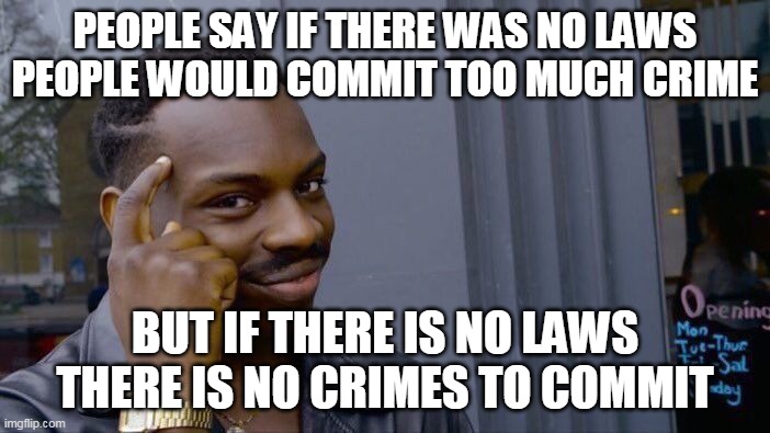 Confusion | PEOPLE SAY IF THERE WAS NO LAWS PEOPLE WOULD COMMIT TOO MUCH CRIME; BUT IF THERE IS NO LAWS
THERE IS NO CRIMES TO COMMIT | image tagged in memes,fun,politics,funny | made w/ Imgflip meme maker