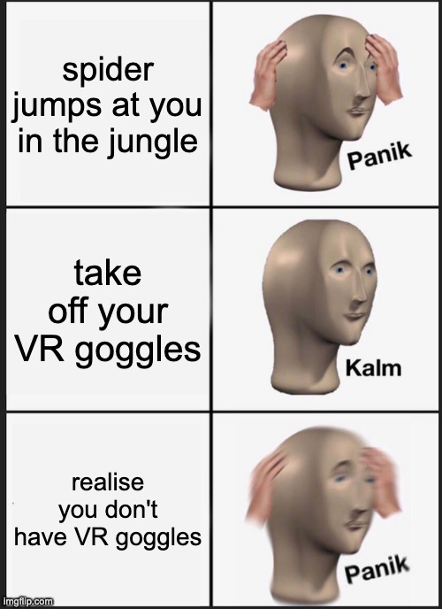 Panik Kalm Panik | spider jumps at you in the jungle; take off your VR goggles; realise you don't have VR goggles | image tagged in memes,panik kalm panik | made w/ Imgflip meme maker