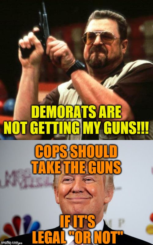 DEMORATS ARE NOT GETTING MY GUNS!!! COPS SHOULD TAKE THE GUNS; IF IT'S LEGAL "OR NOT" | image tagged in gun,donald trump approves | made w/ Imgflip meme maker