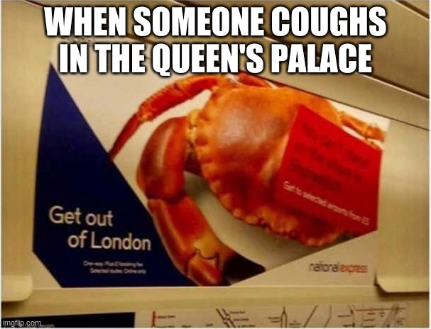 Get out of london | WHEN SOMEONE COUGHS IN THE QUEEN'S PALACE | image tagged in get out of london crab | made w/ Imgflip meme maker