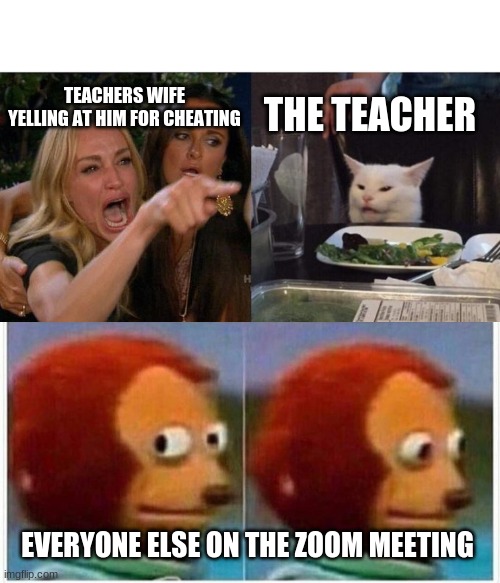 TEACHERS WIFE YELLING AT HIM FOR CHEATING; THE TEACHER; EVERYONE ELSE ON THE ZOOM MEETING | image tagged in memes,monkey puppet,woman yelling at cat | made w/ Imgflip meme maker