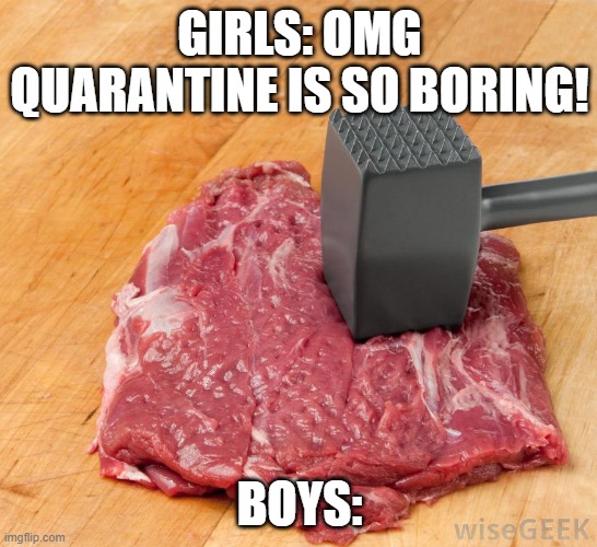 beating my meat | GIRLS: OMG QUARANTINE IS SO BORING! BOYS: | image tagged in beating my meat | made w/ Imgflip meme maker