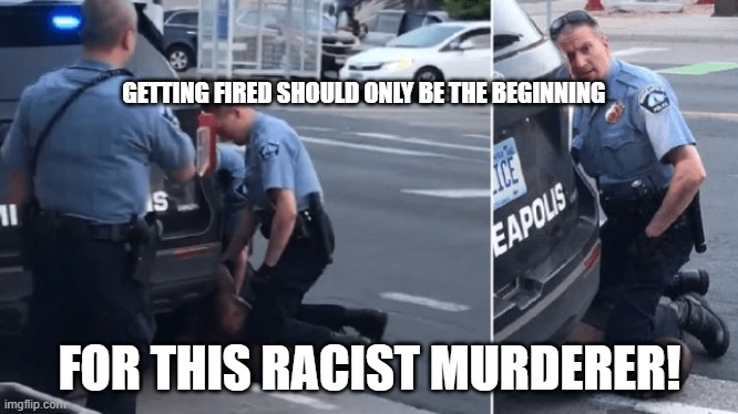 Murderous Minnesota cop | GETTING FIRED SHOULD ONLY BE THE BEGINNING; FOR THIS RACIST MURDERER! | image tagged in murderous minnesota cop | made w/ Imgflip meme maker