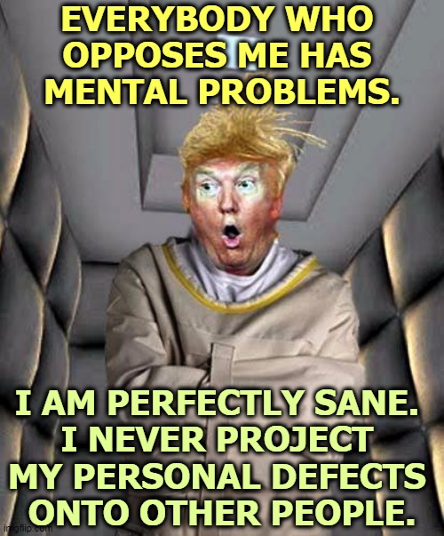 The Funny Farm's new address is 1600 Pennsylvania Avenue. | EVERYBODY WHO 
OPPOSES ME HAS 
MENTAL PROBLEMS. I AM PERFECTLY SANE. 
I NEVER PROJECT 
MY PERSONAL DEFECTS 
ONTO OTHER PEOPLE. | image tagged in trump insane crazy strait jacket padded cell,trump,sick,mental,insane,crazy | made w/ Imgflip meme maker