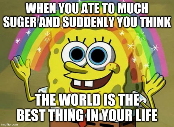 Imagination Spongebob | WHEN YOU ATE TO MUCH SUGER AND SUDDENLY YOU THINK; THE WORLD IS THE BEST THING IN YOUR LIFE | image tagged in memes,imagination spongebob | made w/ Imgflip meme maker