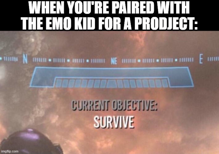 yep | WHEN YOU'RE PAIRED WITH THE EMO KID FOR A PRODJECT: | image tagged in current objective survive | made w/ Imgflip meme maker