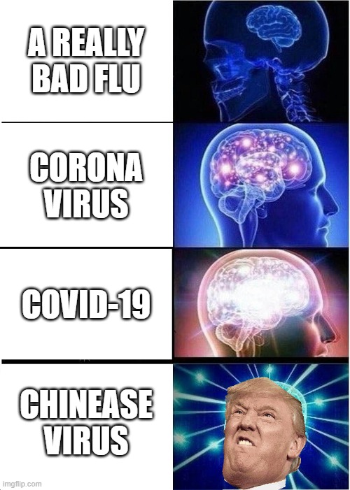 Expanding Brain | A REALLY BAD FLU; CORONA VIRUS; COVID-19; CHINEASE VIRUS | image tagged in memes,expanding brain,fun,funny memes,irony,funny | made w/ Imgflip meme maker
