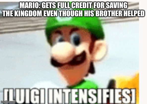 Another new meme template | MARIO: GETS FULL CREDIT FOR SAVING THE KINGDOM EVEN THOUGH HIS BROTHER HELPED | image tagged in luigi intensifies | made w/ Imgflip meme maker