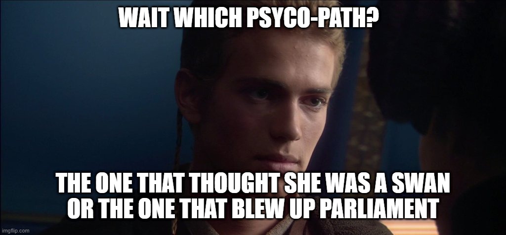 WAIT WHICH PSYCO-PATH? THE ONE THAT THOUGHT SHE WAS A SWAN
OR THE ONE THAT BLEW UP PARLIAMENT | made w/ Imgflip meme maker