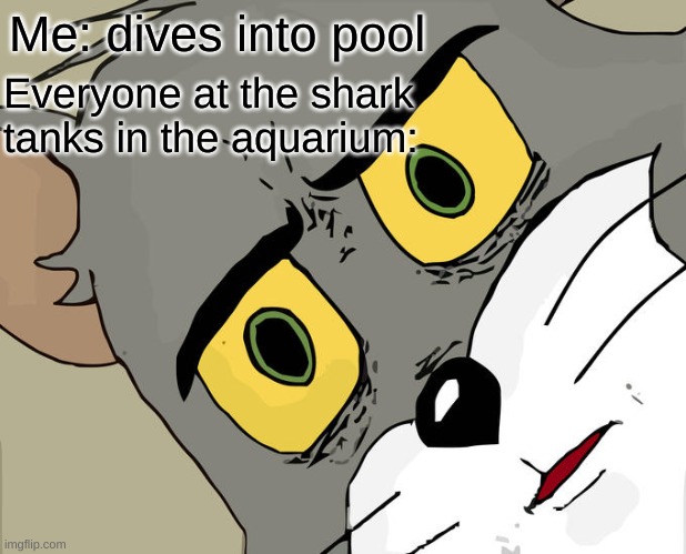 Unsettled Tom Meme | Me: dives into pool; Everyone at the shark tanks in the aquarium: | image tagged in memes,unsettled tom,pool,shark,tank,aquarium | made w/ Imgflip meme maker