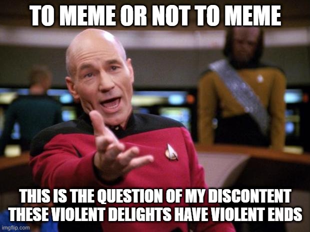 Patrick Stewart "why the hell..." | TO MEME OR NOT TO MEME THIS IS THE QUESTION OF MY DISCONTENT
THESE VIOLENT DELIGHTS HAVE VIOLENT ENDS | image tagged in patrick stewart why the hell | made w/ Imgflip meme maker