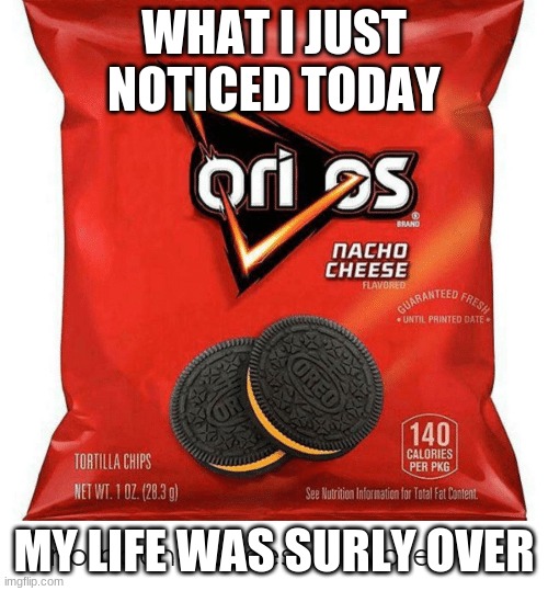omg | WHAT I JUST NOTICED TODAY; MY LIFE WAS SURLY OVER | image tagged in doritos | made w/ Imgflip meme maker
