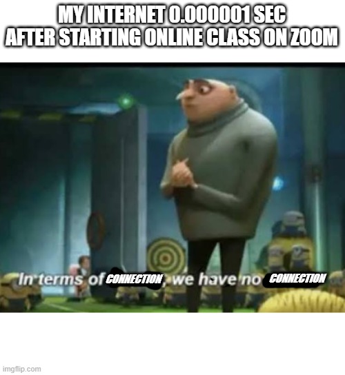 In terms of money |  MY INTERNET 0.000001 SEC AFTER STARTING ONLINE CLASS ON ZOOM; CONNECTION; CONNECTION | image tagged in in terms of money,internet | made w/ Imgflip meme maker