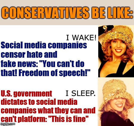 What conservatives don't really get: The freedom of speech encompasses the freedom not to speak. | CONSERVATIVES BE LIKE:; Social media companies censor hate and fake news: "You can't do that! Freedom of speech!"; U.S. government dictates to social media companies what they can and can't platform: "This is fine" | image tagged in kylie i wake/i sleep,conservative hypocrisy,conservative logic,freedom of speech,social media,fake news | made w/ Imgflip meme maker