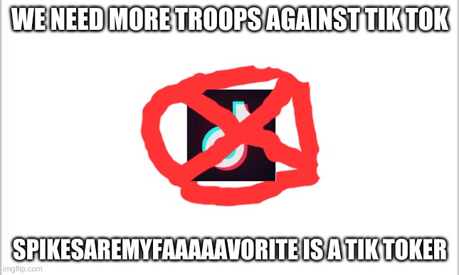 white background | WE NEED MORE TROOPS AGAINST TIK TOK; SPIKESAREMYFAAAAAVORITE IS A TIK TOKER | image tagged in white background | made w/ Imgflip meme maker