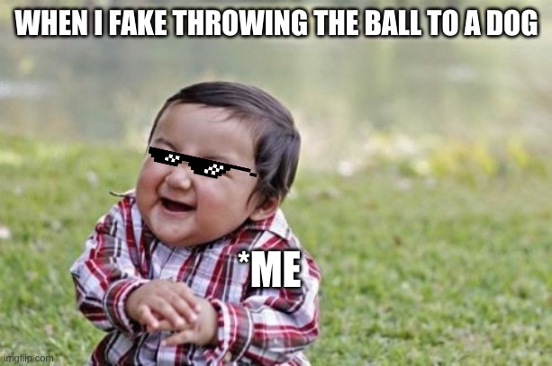 Dogs | WHEN I FAKE THROWING THE BALL TO A DOG; *ME | image tagged in memes,evil toddler | made w/ Imgflip meme maker