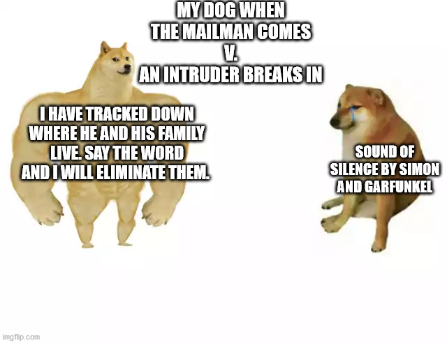 Buff Doge vs. Cheems Meme | MY DOG WHEN
THE MAILMAN COMES
 V. 
AN INTRUDER BREAKS IN; I HAVE TRACKED DOWN WHERE HE AND HIS FAMILY LIVE. SAY THE WORD AND I WILL ELIMINATE THEM. SOUND OF SILENCE BY SIMON AND GARFUNKEL | image tagged in buff doge vs cheems,dogs,mailman | made w/ Imgflip meme maker