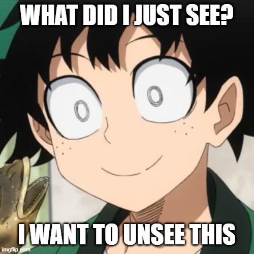 Triggered Deku | WHAT DID I JUST SEE? I WANT TO UNSEE THIS | image tagged in triggered deku | made w/ Imgflip meme maker