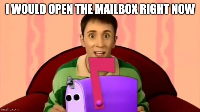 Steve Burns Blue's Clues Mailbox | I WOULD OPEN THE MAILBOX RIGHT NOW | image tagged in steve burns blue's clues mailbox | made w/ Imgflip meme maker