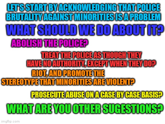 Blank White Template | LET'S START BY ACKNOWLEDGING THAT POLICE BRUTALITY AGAINST MINORITIES IS A PROBLEM; WHAT SHOULD WE DO ABOUT IT? ABOLISH THE POLICE? TREAT THE POLICE AS THOUGH THEY HAVE NO AUTHORITY, EXCEPT WHEN THEY DO? RIOT, AND PROMOTE THE STEREOTYPE THAT MINORITIES ARE VIOLENT? PROSECUTE ABUSE ON A CASE BY CASE BASIS? WHAT ARE YOU OTHER SUGESTIONS? | image tagged in blank white template | made w/ Imgflip meme maker