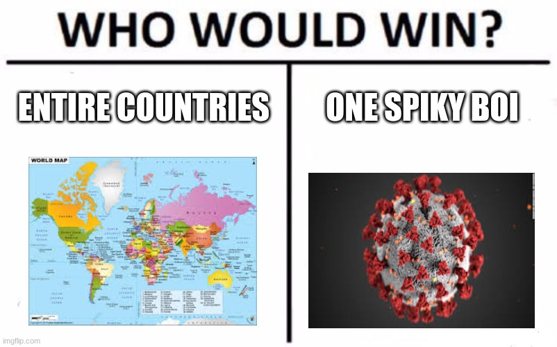 Virus vs. World | ENTIRE COUNTRIES; ONE SPIKY BOI | image tagged in memes,who would win | made w/ Imgflip meme maker