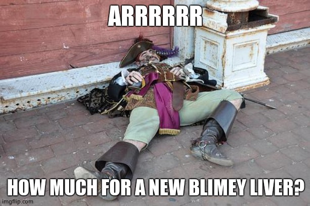 Drunk Pirate | ARRRRRR HOW MUCH FOR A NEW BLIMEY LIVER? | image tagged in drunk pirate | made w/ Imgflip meme maker