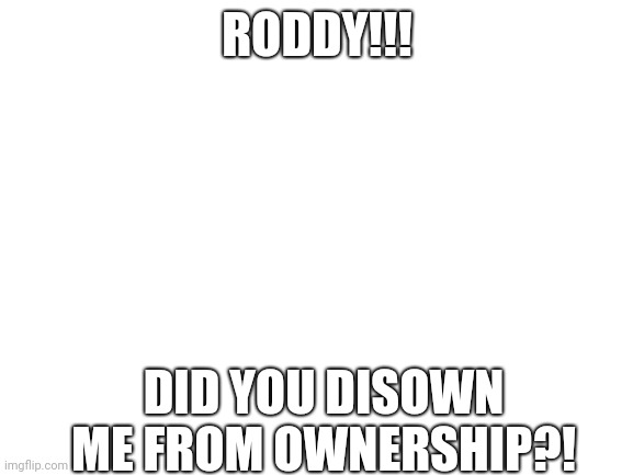 I have been removed from ownership. SOMEONE ANSWER THAT REASON! | RODDY!!! DID YOU DISOWN ME FROM OWNERSHIP?! | image tagged in blank white template | made w/ Imgflip meme maker