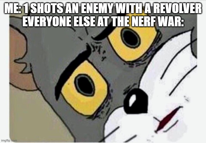 Funny | ME: 1 SHOTS AN ENEMY WITH A REVOLVER
EVERYONE ELSE AT THE NERF WAR: | image tagged in disturbed tom | made w/ Imgflip meme maker