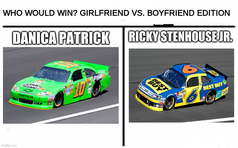 who would win? ricky stenhouse jr. vs danica patrick | WHO WOULD WIN? GIRLFRIEND VS. BOYFRIEND EDITION; DANICA PATRICK; RICKY STENHOUSE JR. | image tagged in memes,who would win | made w/ Imgflip meme maker