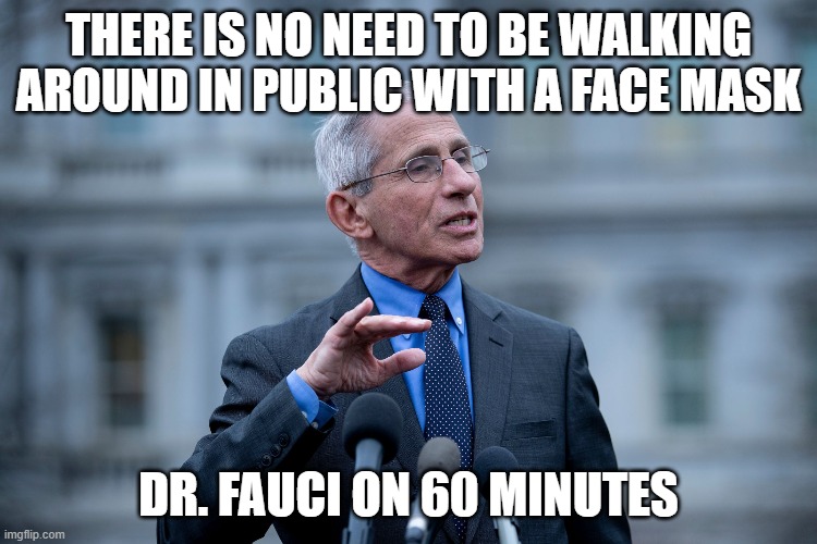 Fauci | THERE IS NO NEED TO BE WALKING AROUND IN PUBLIC WITH A FACE MASK DR. FAUCI ON 60 MINUTES | image tagged in fauci | made w/ Imgflip meme maker