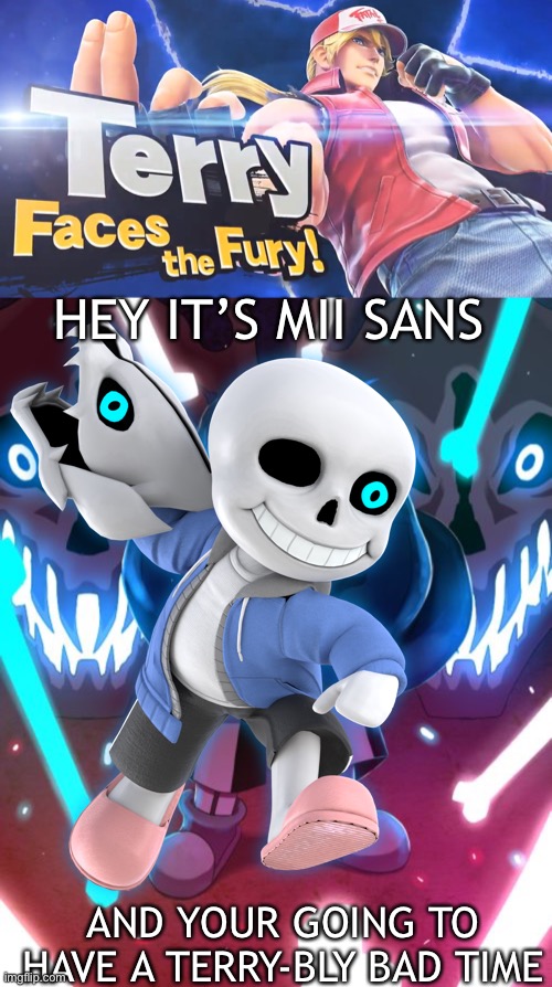 Sans sees terry for the first time | HEY IT’S MII SANS; AND YOUR GOING TO HAVE A TERRY-BLY BAD TIME | image tagged in sans undertale,sans,super smash bros,fatal fury,nintendo,undertale | made w/ Imgflip meme maker